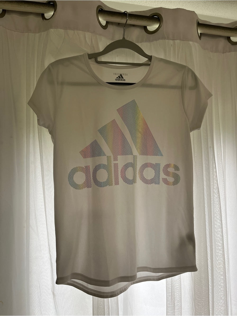 adidas White Short Sleeve Tee Pastel Rainbow Logo size xl big kid junior t shirt